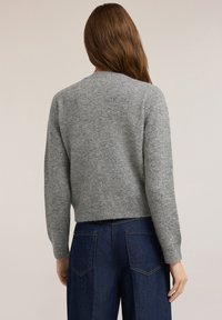 Šedý krátký svetr z jemné pletené látky s dlouhými rukávy, žebrovanými manžetami a kulatým výstřihem. Nošený přes tmavě modré džíny s širokými nohavicemi.