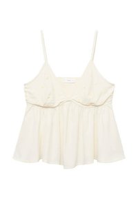 Cremefarvet camisole med tynde stropper, en sammensnørret talje og broderede blomsterdetaljer på overdele. Blødt stof med en flydende fald.