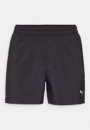 Black athletic shorts with an elastic waistband, made from lightweight material, featuring a small white logo on the lower side.
