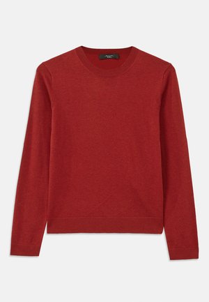 Red long-sleeve sweater with a round neckline. Made from a soft fabric, features ribbed cuffs and hem, smooth texture, and minimal detailing.