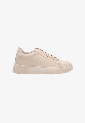 Beige Leder-Sneaker mit glatter Oberfläche, runder Zehenpartie und flachem Design. Strukturiere Gummisohle mit gepunktetem Muster für besseren Halt.