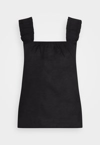 Top preto, sem mangas, com alças de ombro texturizadas e franzidas e um corte simples e reto. O tecido parece suave com um acabamento liso.