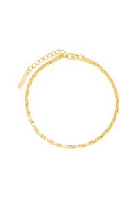 Gouden kettingarmband met verlengde schakels en een sluiting, voorzien van een verstelbare ketting voor maatvariatie. Glad oppervlak en gepolijste afwerking.