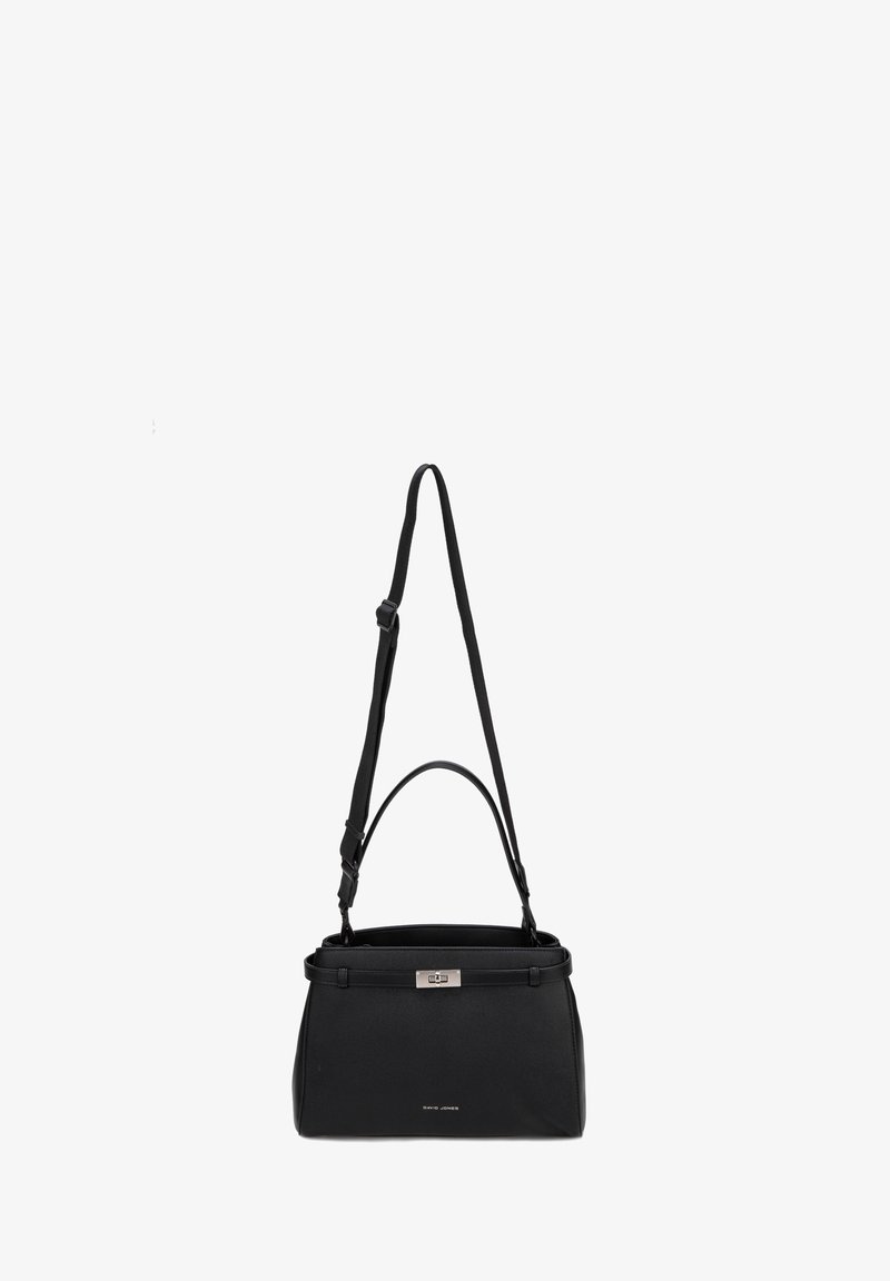 Sac à main en cuir noir avec poignée supérieure et bandoulière réglable, fermoir tournant argenté et petit logo de la marque sur le devant.