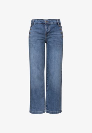 Blå denim jeans med vide ben, dekorative knapper på forlommerne og knaplukning foran.
