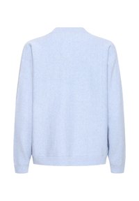 Pull tricoté bleu clair texturé avec un col rond et des manches longues. Présente des poignets et un ourlet côtelés, affichant un design simple et décontracté.
