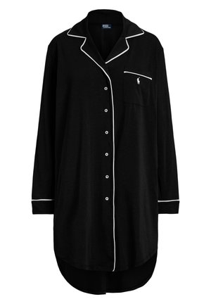 Schwarzes Schlafhemd aus weichem Stoff; verfügt über weiße Paspelierung, Knopfverschluss, lange Ärmel und eine Brusttasche mit Logodetail.