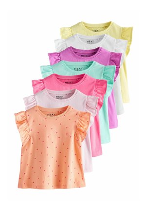 Zeven meisjes tops met korte mouwen en gerimpelde mouwen in perzik met roze stippen, lichtroze, roze, turquoise, paars, wit en geel.