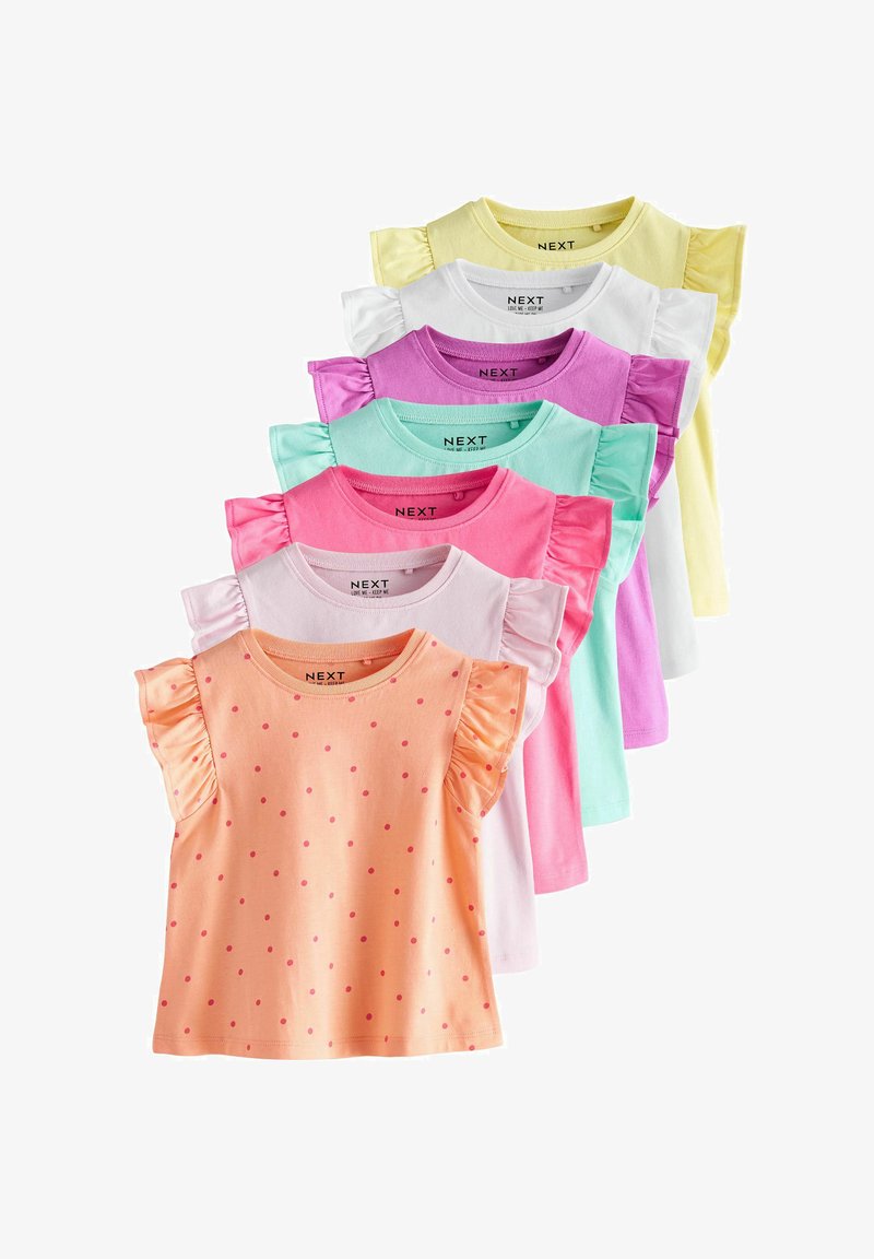 Sept hauts pour filles à manches courtes avec manches à volants en pêche avec des pois roses, rose clair, rose, turquoise, violet, blanc et jaune.