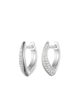 Pair of silver hoop earrings with a V-shaped design, each adorned with multiple small round clear crystals.