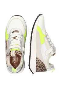 Women’s athletic sneakers in white, gray, and neon green, featuring leopard print accents, silver hardware, and textured materials.