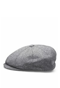 Gray flat cap made of textured fabric, featuring a rounded top and front peak, with visible stitching and a classic design.