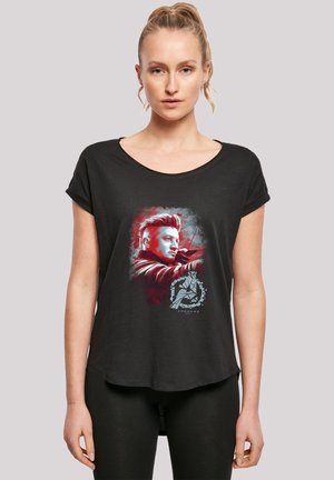 Black cotton T-shirt with a round neckline and short rolled sleeves. Features a graphic design in red and blue of a character aiming a bow.