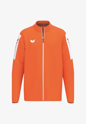 Bright orange zip-up jacket with white stripes on sleeves and a small white logo on the left chest area, displayed against a white background.