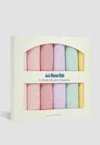 Zes mousseline doeken in pastelkleuren: roze, lila, mintgroen en geel. Zachte textuur, verpakt in een crèmekleurige doos met handvat.