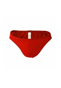 Slip bikini rosso realizzato in tessuto morbido ed elastico. Presenta un taglio classico con una finitura liscia e un'etichetta interna con le informazioni sulla taglia.