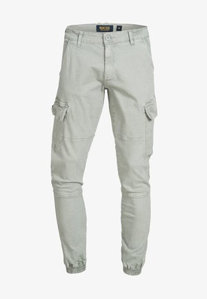 Lichtgrijze cargo broek met elastische boorden, voor- en zijzakken, en een knoopsluiting. Gemaakt van duurzaam katoen.