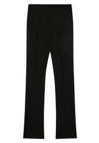 Zwarte formele broek met een gladde textuur, recht gesneden ontwerp en een aantal plooien aan de voorkant. Voorzien van riemlussen en een nette tailleband.
