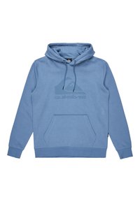 Blå bomullshuvtröja med dragsko i huvan, framfickan i kangaroo-stil och en stor ton-i-ton-logotryck på bröstet. Ribbad muddar och fåll.