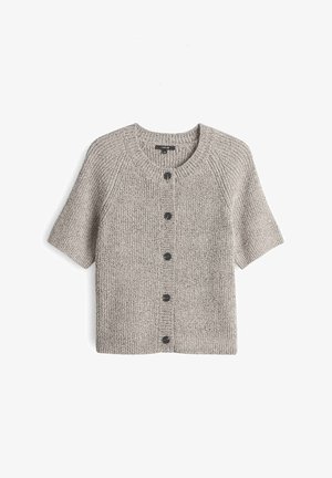 Cardigan corto grigio chiaro a maniche corte realizzato in un tessuto a maglia testurizzata, con scollatura rotonda e cinque bottoni neri lungo la parte frontale.