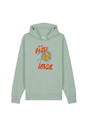Hellgrüner Hoodie mit Fronttasche und Design von Händen, die Pasta halten, Text lautet "full time pasta lover" in orange und blauen Farben.