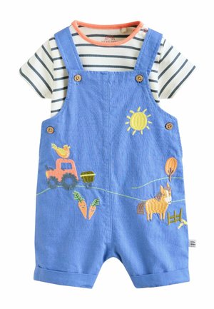 Blue baby dungarees with embroidered sun, horse, tractor, carrots, and tree over striped white and navy short-sleeve shirt with orange trim.