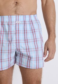 Blå och röd rutiga badbyxor med elastisk midja och en liten logotagg. Lätt tyg med en mjuk textur, knälång klippning.