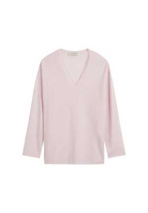 Helles Rosafarben, langärmeliges V-Ausschnitt-Oberteil aus weichem Material mit lockerer Passform. Einfaches Design, keine Muster oder auffälligen Details.