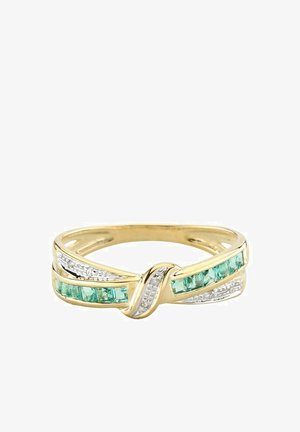 Gold band ring featuring a twisted design, accented with turquoise stones and clear crystals along the sides for added detail.