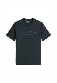 T-shirt noir à manches courtes et col rond avec le texte gris délavé « Marc O’Polo EST. IN STOCKHOLM » imprimé sur la poitrine.