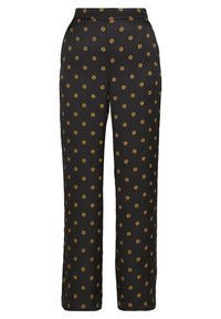 Black pants made of smooth fabric, featuring a repeating gold circular pattern, with a straight leg design and a high waist.