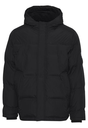 Black puffer jacket with a hood, featuring a quilted design, front pockets, and ribbed cuffs. Made from lightweight, insulated material.