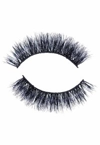 Black false eyelashes with long, fluffy strands. Each strip has a dark band and varying lengths for a dramatic effect. Soft, synthetic material.