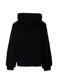 Felpa nera corta con cappuccio regolabile, maniche lunghe, polsini a coste e una superficie liscia. Nessun design frontale o decorazioni visibili.