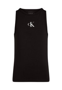 Top senza maniche nero realizzato in tessuto morbido, con scollatura rotonda e logo "cK" bianco sul davanti.