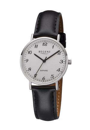 Montre ronde en argent avec un cadran blanc, des chiffres arabes noirs et un bracelet en cuir noir. Dispose d'un verre saphir et d'un boîtier en métal.
