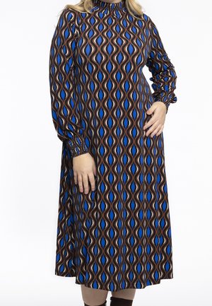Jurk met lange mouwen met een golvend, multicolor patroon in blauw, bruin en beige. Hoge hals met geplooid detail en gestructureerde mouwen.