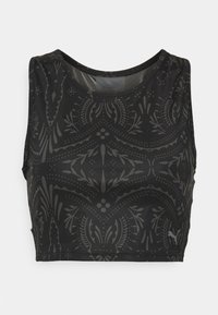 Top crop preto com um padrão floral em tons mais escuros, textura suave, decote redondo e detalhe do logótipo no lado esquerdo.