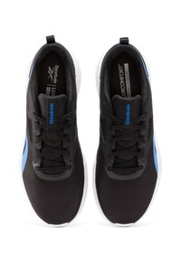Black mesh athletic shoes with a blue accent. Features a cushioned sole, lace-up design, and branding on the tongue and insole.