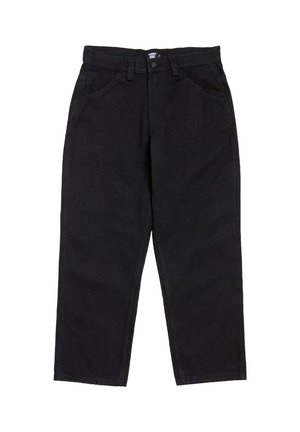 Pantalones de mezclilla de pierna ancha negra, con dos bolsillos frontales, cierre de botón y cremallera, y costuras horizontales a lo largo de las costuras.