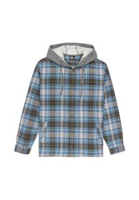 Gekruiste shirt in blauw, bruin en wit; heeft een grijze capuchon, knoopsluiting aan de voorkant en twee zijzakken. Katoenen materiaal, reguliere pasvorm.