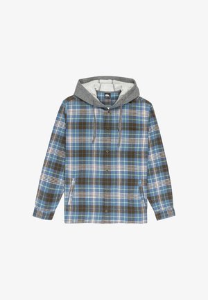 Plaid shirt with blue, brown, and white colors; features a gray hoodie, button front, and two side pockets. Cotton material, regular fit.