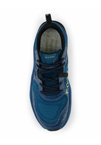 Zapatilla deportiva azul con parte superior de malla y detalles en gris, puntera redonda, cordones negros y suela de goma texturizada que presenta detalles del logo en verde.
