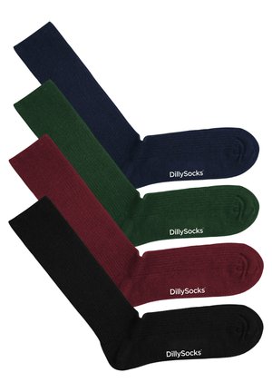 Geribbelde crew-sokken in marineblauw, groen, bordeauxrood en zwart. Gemaakt van een gestructureerd materiaal met subtiele branding op elk paar.