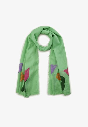 Grüner Schal aus leichtem Stoff mit bestickten floralen Designs in Pink, Lila und Orange. Fransen an den Rändern sorgen für Textur.