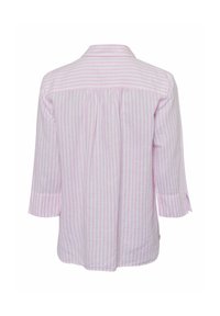 Let blomstre, pink og hvid stribet bluse med krave, trekvartærmer og samlede detaljer på ryggen. Fremstillet af blødt stof.