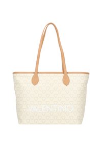 Beige vászontáska világosbarna bőr fogantyúkkal, texturált mintával, a "VALENTINO" felirattal kiemelve fehér színben az elején.