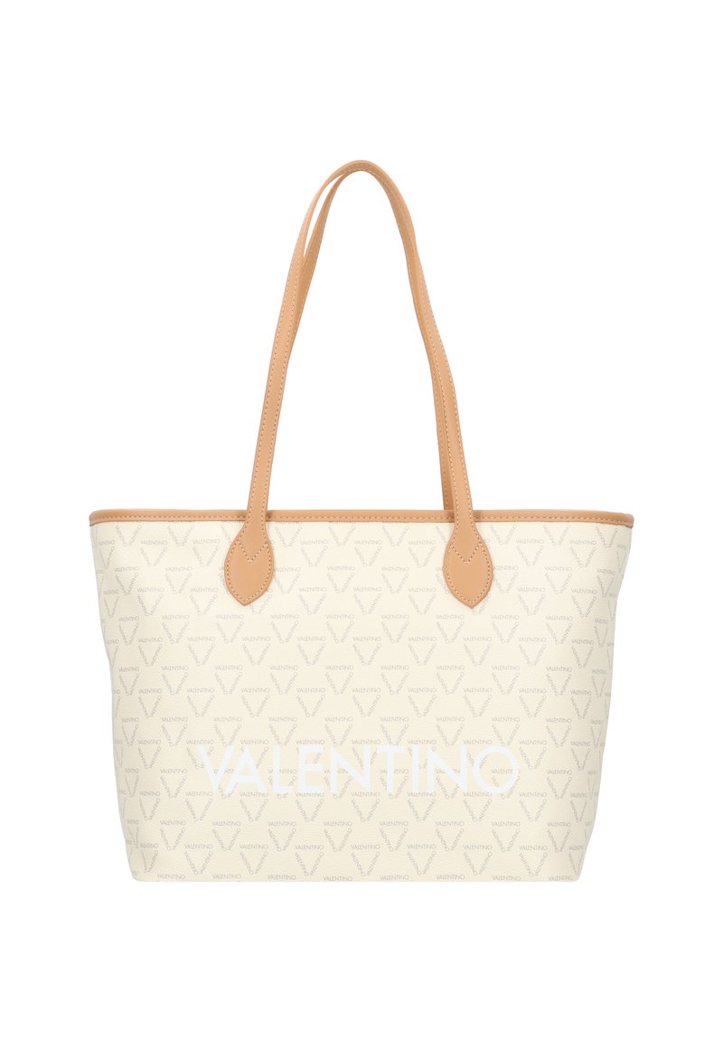 Beige vászontáska világosbarna bőr fogantyúkkal, texturált mintával, a "VALENTINO" felirattal kiemelve fehér színben az elején.