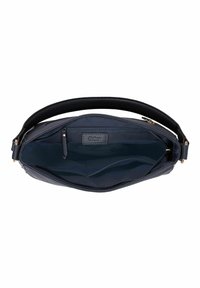 Sac en cuir marine à texture lisse, fermeture éclair supérieure, poches intérieures et une seule poignée. La doublure présente une couleur bleue contrastante.