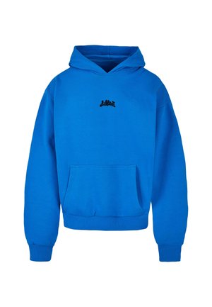 Hanorac albastru din bumbac, dotat cu un buzunar frontal, mâneci lungi și glugă cu șnur. Logo negru pe piept. Textură netedă.